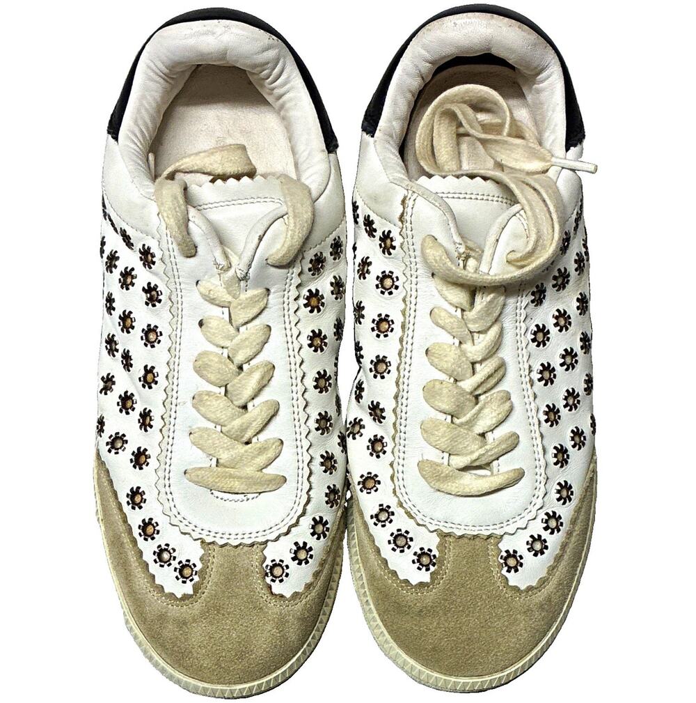Isabel Marant Bryce Eyelet Studded Scalloped Leather Sneakers White Black EU 37